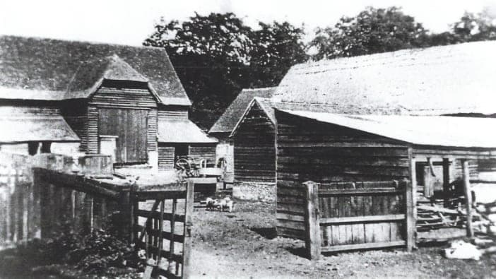 A black and white photograph of timber farm buildings and pens at Cholsey Grange, most of them since demolished.