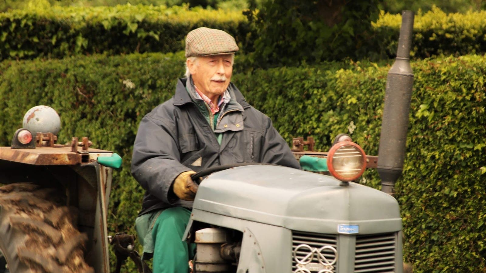 An elderly man driving a grey Ferguson tractor along a hedge-lined track on the farm.