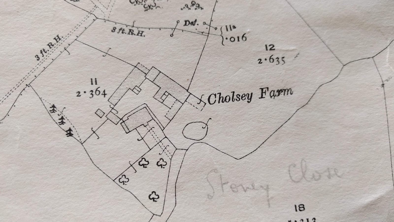 A detail from the 1921 Ordnance Survey map showing the buildings and field boundaries at Cholsey Farm, with the field named Stony Close.
